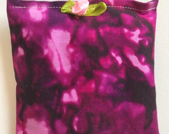 BELTANE Blend Reiki Rest and Relaxation Small Square Herbal Dream Pillow with Pink Fabric Flower in Purple Tie Dye fabric