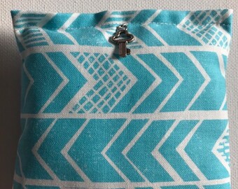 Hermes Blend Reiki Rest and Relaxation Small Square Herbal Dream Pillow with Tiny Silver Key Charm in Blue Chevrons fabric