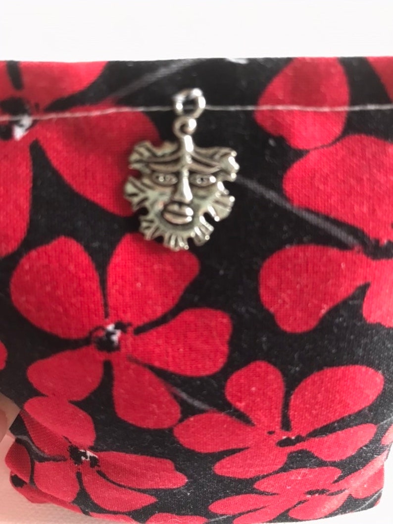 HARVEST FESTIVAL Blend Reiki Rest and Relaxation Small Square Herbal Dream Pillow with Silver Green Man Charm in Black with Red Flowers image 2