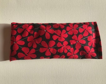 Flax Seed Rest Reiki and Relaxation HERBAL EYE PILLOW in Black with Red Flowers fabric: Aglaea Blend