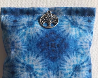 BRIGANTIA Blend Reiki Rest and Relaxation Small Square Herbal Dream Pillow with Silver Tree of Life Charm in Blue Blast Fabric