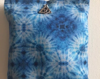 BELTANE Blend Reiki Rest and Relaxation Small Square Herbal Dream Pillow with Small Silver Triquetra Charm in Blue Blast Fabric