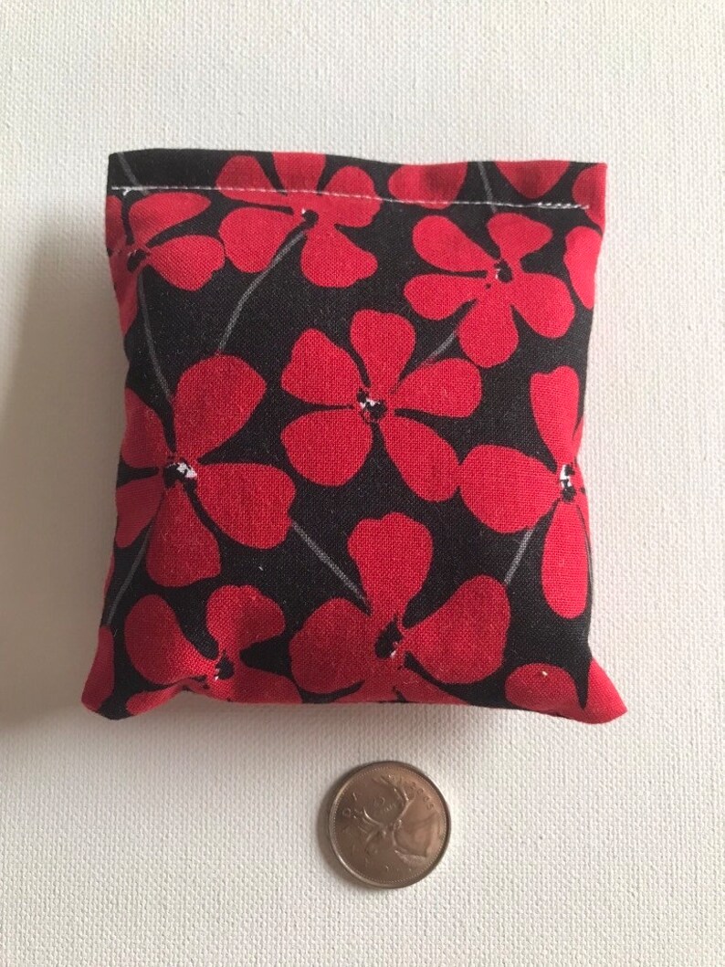 BELTANE Blend Reiki Rest and Relaxation Small Square Herbal Dream Pillow in Black with Red Flowers Fabric image 2