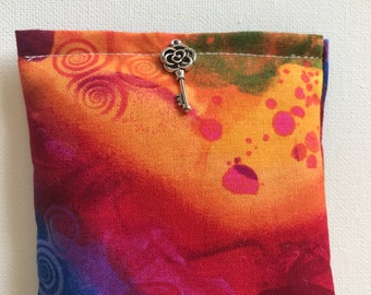 BELTANE Blend Reiki Rest and Relaxation Small Square Herbal Dream Pillow with Silver Flower Key Charm in Dark Rainbow Tie Dye fabric