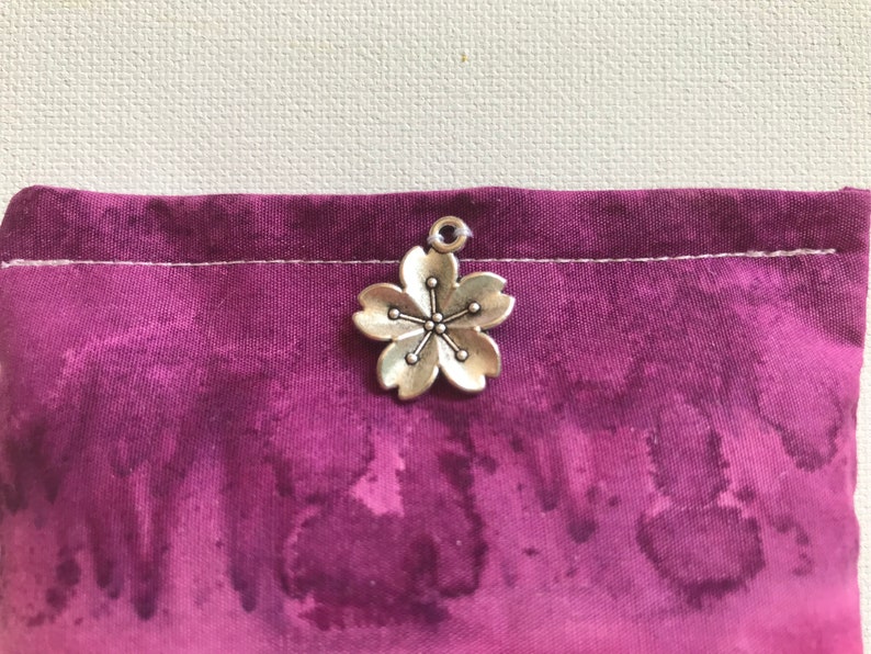 BELTANE Blend Reiki Rest and Relaxation Small Square Herbal Dream Pillow with Big Silver Flower Charm in Pink and Purple Tie Dye fabric image 2