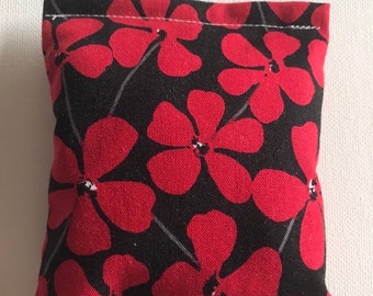 BELTANE Blend Reiki Rest and Relaxation Small Square Herbal Dream Pillow in Black with Red Flowers Fabric