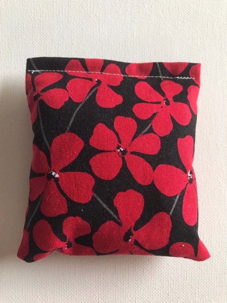 BELTANE Blend Reiki Rest and Relaxation Small Square Herbal Dream Pillow in Black with Red Flowers Fabric image 1