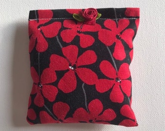 APHRODITE Blend Reiki Rest and Relaxation Small Square Herbal Dream Pillow with Red Fabric Flower in Black with Red Flowers Fabric