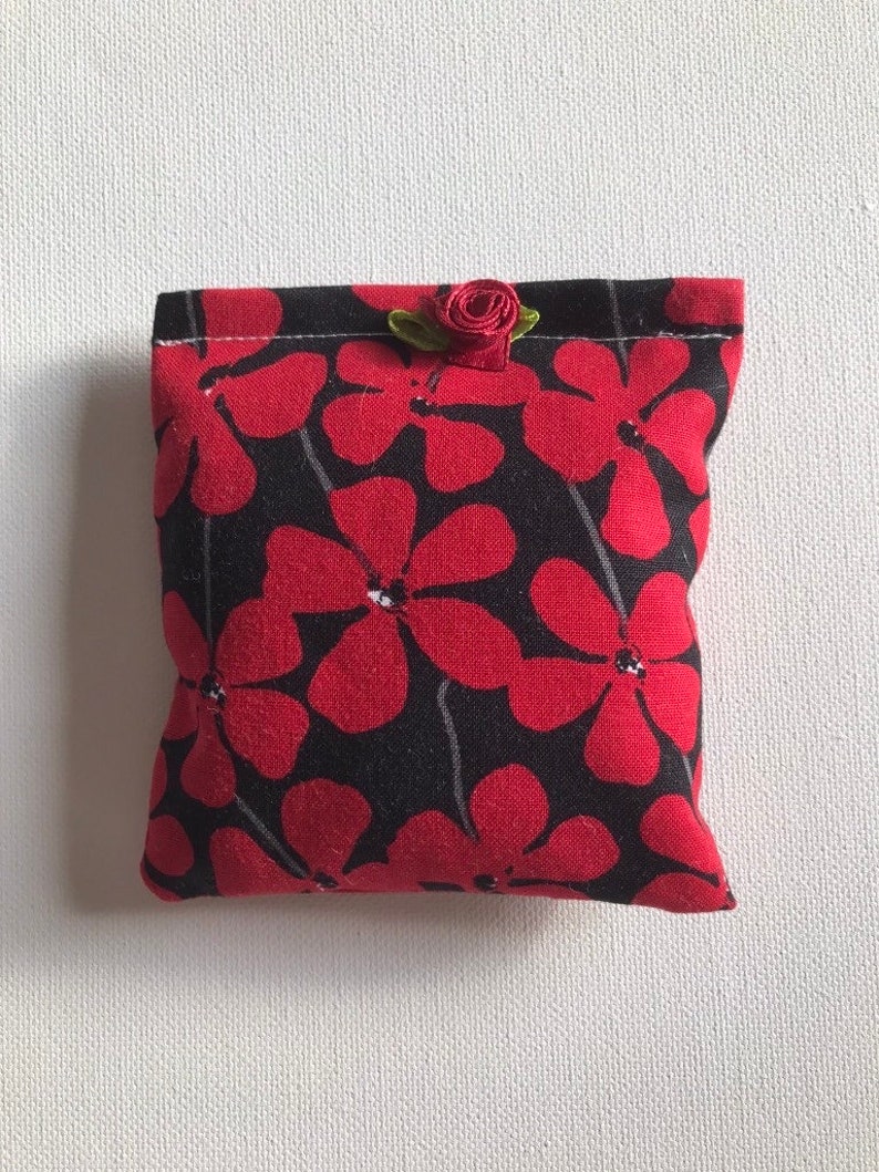 APHRODITE Blend Reiki Rest and Relaxation Small Square Herbal Dream Pillow with Red Fabric Flower in Black with Red Flowers Fabric image 1