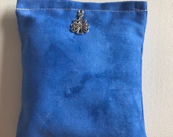 YULE Blend Reiki Rest and Relaxation Small Square Herbal Dream Pillow in Blue Tie Dye with Silver Christmas Tree Charm