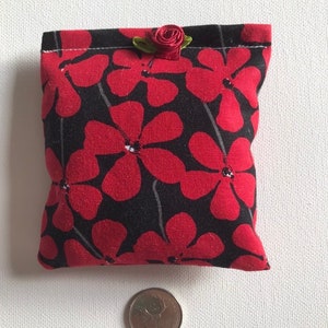 APHRODITE Blend Reiki Rest and Relaxation Small Square Herbal Dream Pillow with Red Fabric Flower in Black with Red Flowers Fabric image 3
