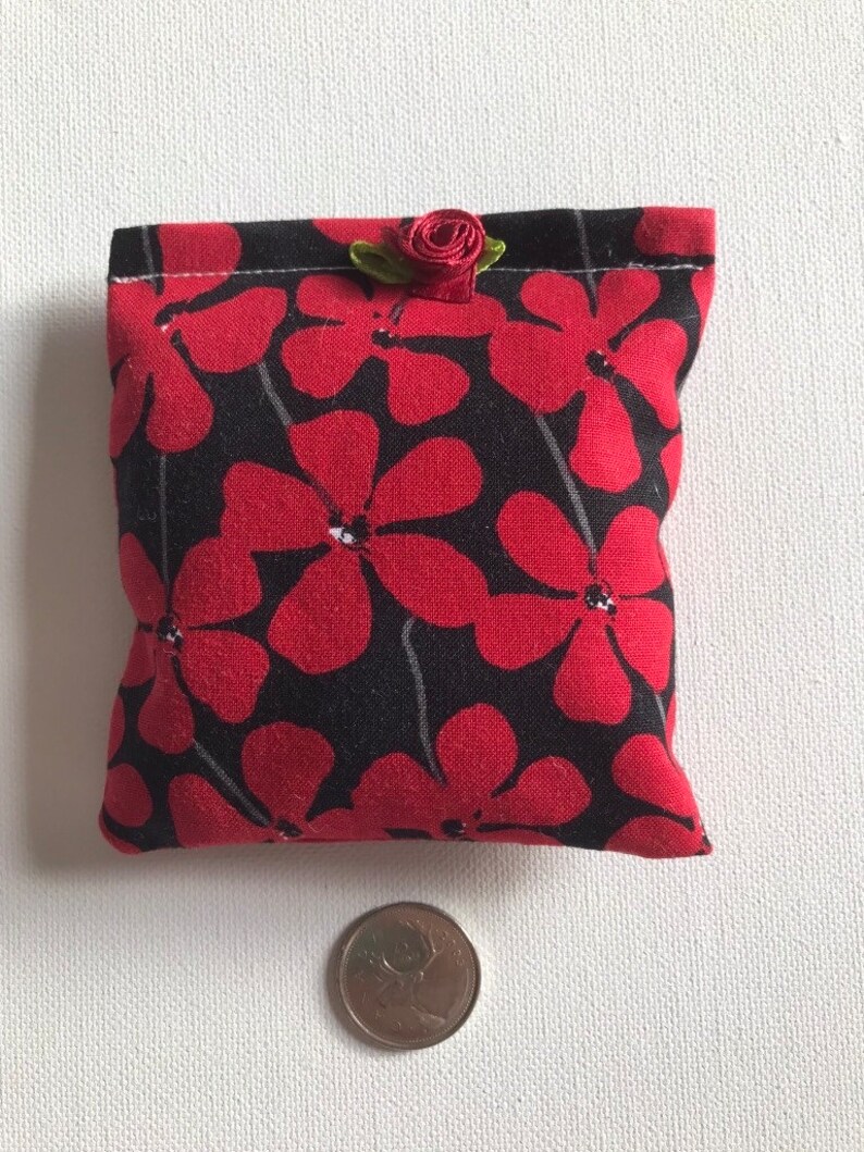 APHRODITE Blend Reiki Rest and Relaxation Small Square Herbal Dream Pillow with Red Fabric Flower in Black with Red Flowers Fabric image 3