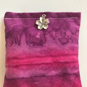BELTANE Blend Reiki Rest and Relaxation Small Square Herbal Dream Pillow with Big Silver Flower Charm in Pink and Purple Tie Dye fabric image 1