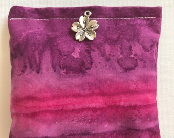 BELTANE Blend Reiki Rest and Relaxation Small Square Herbal Dream Pillow with Big Silver Flower Charm in Pink and Purple Tie Dye fabric