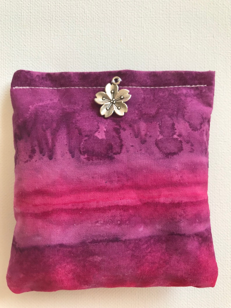 BELTANE Blend Reiki Rest and Relaxation Small Square Herbal Dream Pillow with Big Silver Flower Charm in Pink and Purple Tie Dye fabric image 1