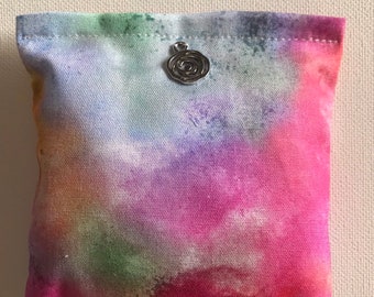 APHRODITE Blend Reiki Rest and Relaxation Small Square Herbal Dream Pillow with Silver Rose Charm in Light Rainbow Tie Dye