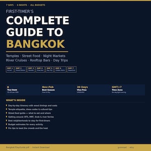 以下が含まれることがあります： 初めてバンコクを訪れる人向けの、紺色のデジタルガイド「COMPLETE GUIDE TO BANGKOK」。寺院、屋台、ナイトマーケット、リバークルーズ、ルーフトップバー、日帰り旅行に関する情報が含まれています。また、最適な訪問時期、ビザ情報、日ごとの旅程も含まれています。