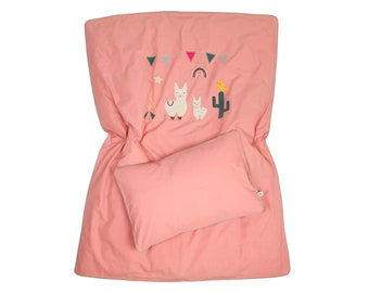 Children's bed linen "LAMA & RAINBOW" in old pink - 135 x 100 cm/customizable