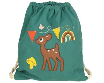 Gym bag "DEER KITZ & MUSHROOM" in fir green - 35 x 30 cm