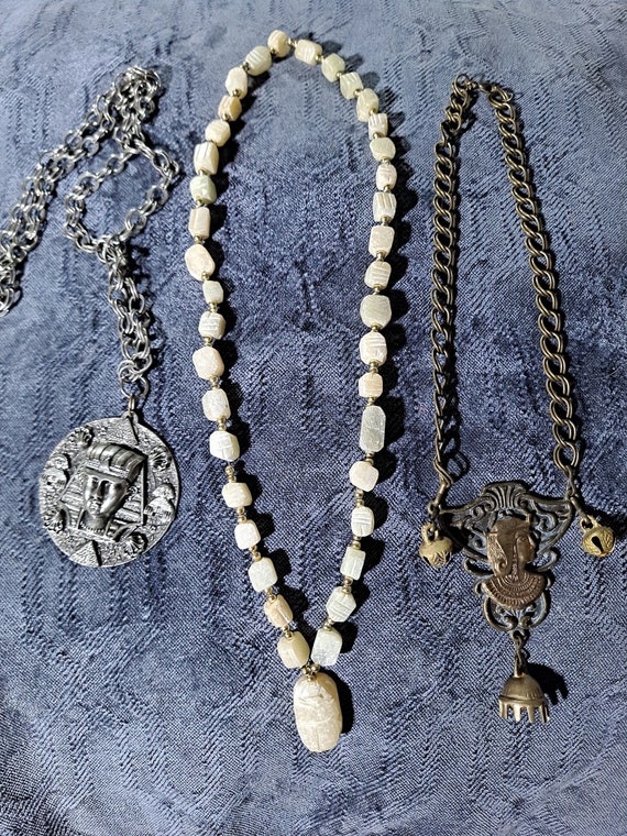 3 Vintage Egyptian Revival Necklaces. Hand Carved 