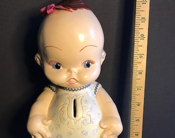Gorgeous Vintage winged KEWPIE chalkware/plaster bank MCM 1950s (Cupie) LARGE Detailed w/textiles Carnival Cherub Mid-Century Modern