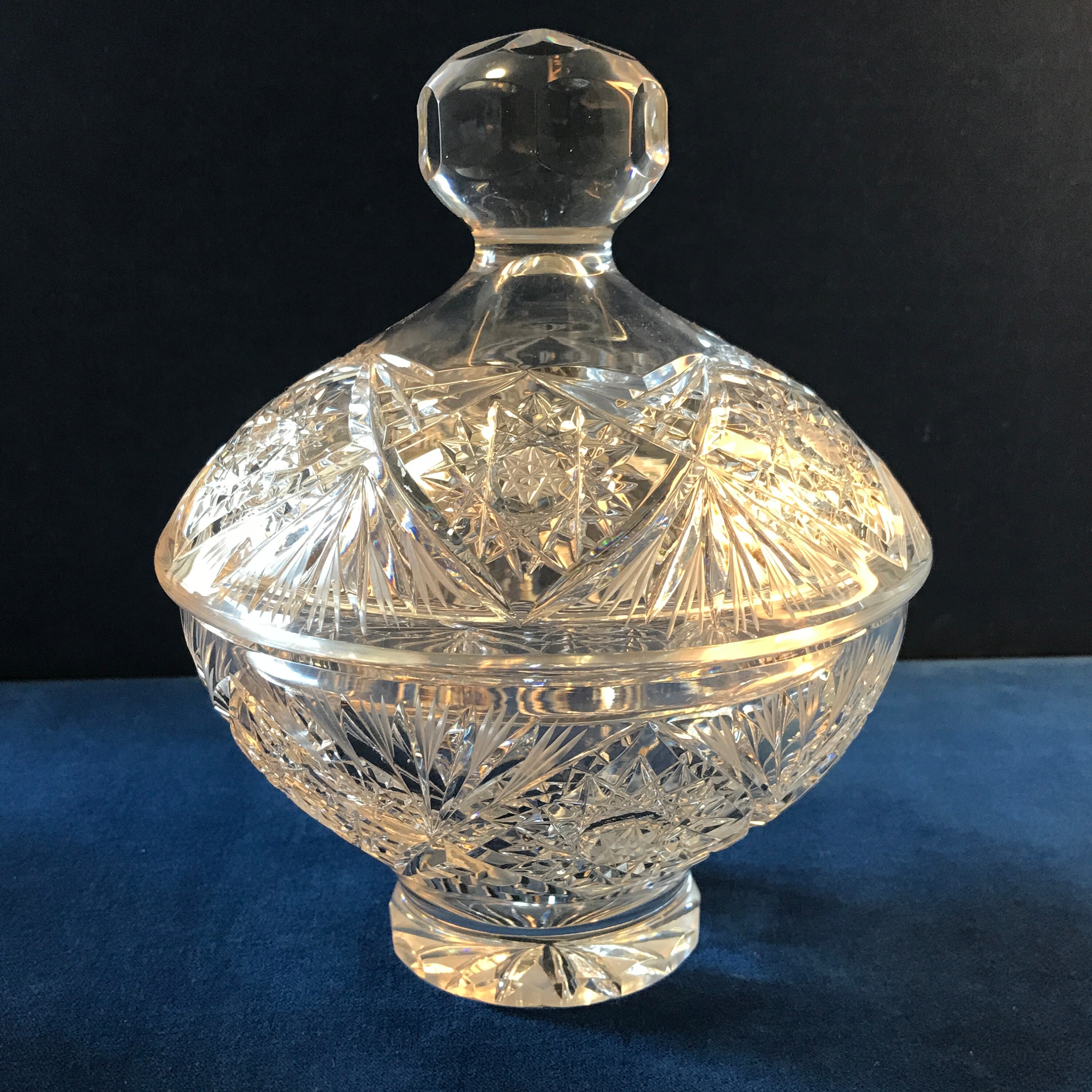 Elegant Hobstar Cut Lead Crystal Candy Bowl with Lid