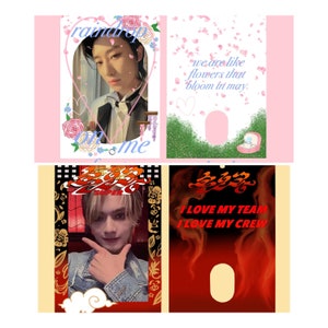 May include: Four digital phone wallpapers with different themes. The first is pink with a heart-shaped frame and flowers, featuring a man with black hair and a white shirt. The second is pink with white flowers and green grass, featuring the text "we are like flowers that bloom in may". The third is yellow with a black frame and a man with blonde hair and a blue denim jacket. The fourth is red with flames and the text "I LOVE MY TEAM I LOVE MY CREW".