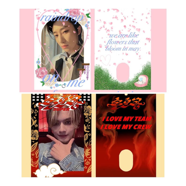 May include: Four digital phone wallpapers with different themes. The first is pink with a heart-shaped frame and flowers, featuring a man with black hair and a white shirt. The second is pink with white flowers and green grass, featuring the text "we are like flowers that bloom in may". The third is yellow with a black frame and a man with blonde hair and a blue denim jacket. The fourth is red with flames and the text "I LOVE MY TEAM I LOVE MY CREW".