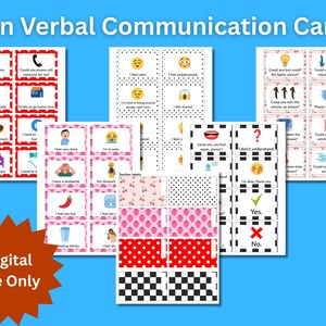 Puede incluir: Un conjunto de tarjetas de comunicación no verbal con ilustraciones y mensajes de texto. Las tarjetas presentan imágenes relacionadas con sentimientos, necesidades y peticiones, con una insignia de "Solo archivo digital".