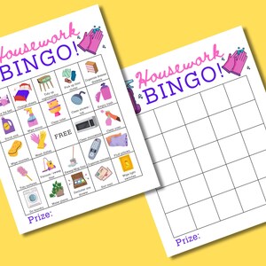 Puede incluir: Dos hojas de juego "Housework Bingo". Las tarjetas tienen un fondo blanco con ilustraciones coloridas de tareas domésticas. El título "Housework Bingo!" está escrito en rosa y morado. Una tarjeta está llena de ilustraciones de tareas, y la otra está en blanco.