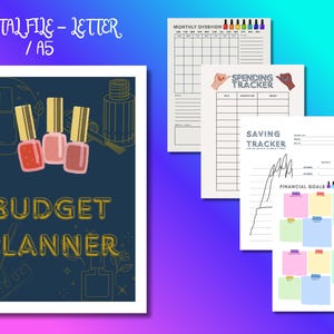 May include: Digital file budget planner with nail polish illustrations. The cover features the text "Budget Planner" in gold lettering. Additional pages include a monthly overview, spending tracker, saving tracker, and financial goals.