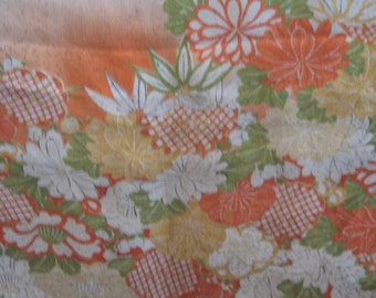 SF1153  Vintage Japanese Purple, neutral and orange with flowers Screen Dyed on Silk Fabric