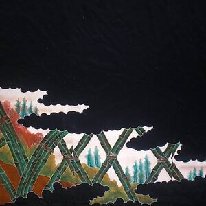 May include: A black background with a stylized landscape of green bamboo stalks and dark clouds. The bamboo stalks are arranged in a criss-cross pattern and are painted in a realistic style. The clouds are painted in a dark gray color and are arranged in a random pattern.