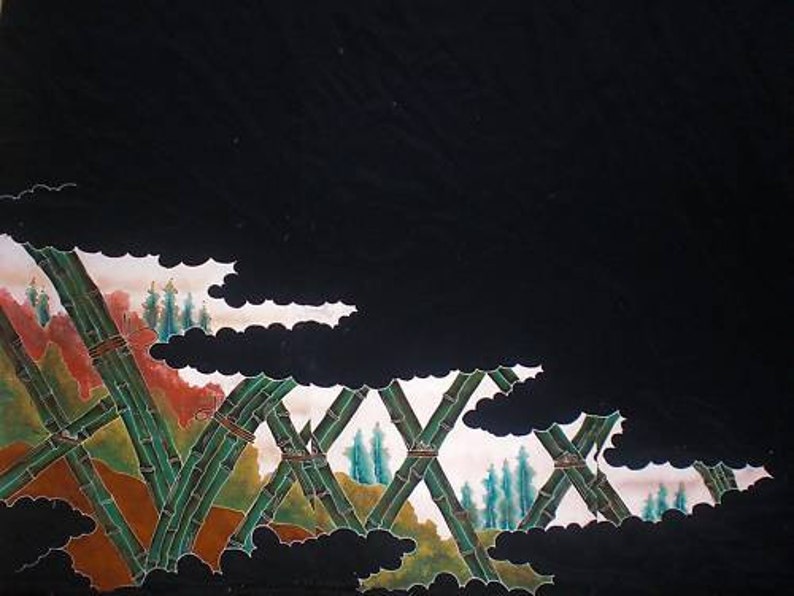 May include: A black background with a stylized landscape of green bamboo stalks and dark clouds. The bamboo stalks are arranged in a criss-cross pattern and are painted in a realistic style. The clouds are painted in a dark gray color and are arranged in a random pattern.