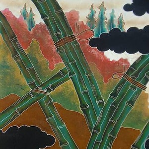 May include: A painting of a bamboo forest with green and brown bamboo stalks against a black background. The bamboo stalks are arranged in a criss-cross pattern, creating a sense of depth and movement. The background is a dark, abstract design with hints of red and gold.