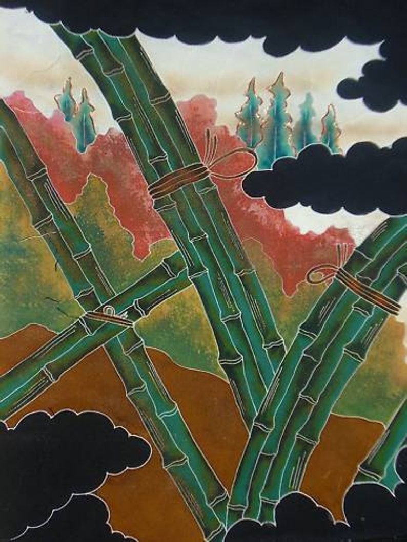 May include: A painting of a bamboo forest with green and brown bamboo stalks against a black background. The bamboo stalks are arranged in a criss-cross pattern, creating a sense of depth and movement. The background is a dark, abstract design with hints of red and gold.