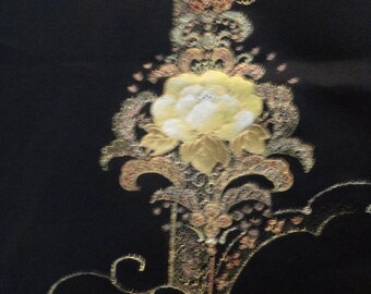 Vintage Japanese Kimono Silk Fabric: Lame' Floral Embroidery (14" x 42") SF1389