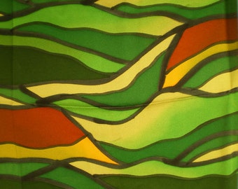SF1018 Vintage Japanese Hand Dyed Shades of Green Stained Glass on silk kimono Fabric