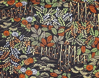 SF198 Vintage Japanese Screen Dyed Autumn Forest Scene on Brown Kimono Silk Fabric