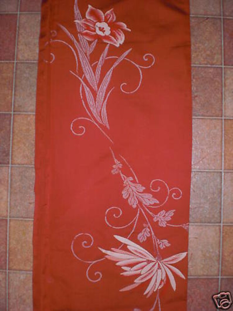 SF96 Vintage Japanese Orange Woven Floral Meisen with White Embroidery on Silk
