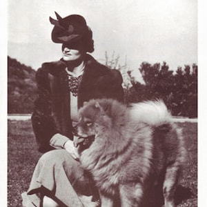 Può includere: Una donna con un cappello e un cappotto neri è seduta con un cane marrone e soffice. Il cane è seduto a terra con la testa inclinata di lato.