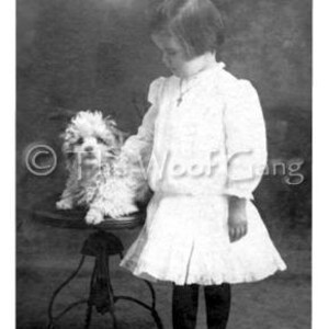 May include: A vintage black and white photograph of a young person and a small dog. The person is wearing a white dress and boots, with a bow in their hair. The dog is sitting on a small table.
