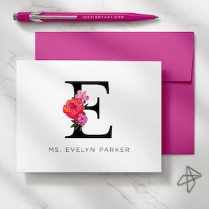 Set de papelería personalizada - Tarjetas de agradecimiento con monograma para mujer / INICIALES FLORALES