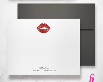 Personalized Flat Notecards - Lipstick Note Cards, Gift for Her | ROMANTIC KISS