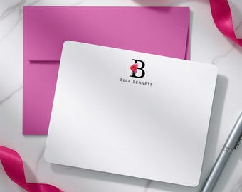 Personalized Monogram Stationery Set - Custom Flat Note Cards | FLORAL INITIAL