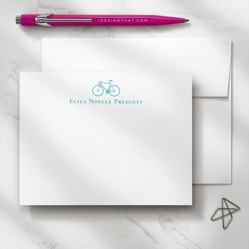 Personalized gifts for bike lovers featuring custom bicycle notecards with envelopes for thank you notes, quick hellos, and everyday mail.