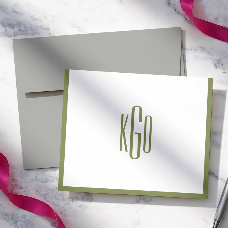 Initial note cards with custom ink and cardstock colors for thank you notes, congratulations, and thoughtful everyday mail.