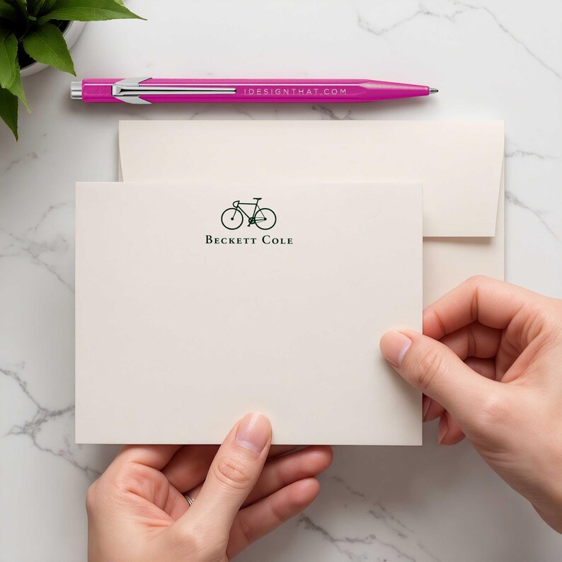 Bicycle notecards with envelopes and personalized name, a useful stationery gift for men who love bikes and handwritten mail.