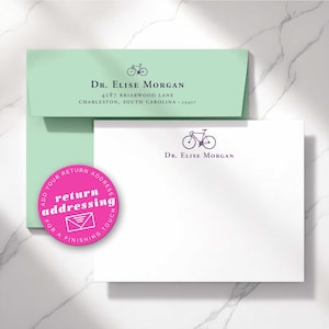 Personalized bike stationary set with envelopes showing optional return address printing for polished, ready-to-send notecards.