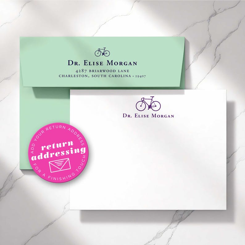 Personalized bike stationary set with envelopes showing optional return address printing for polished, ready-to-send notecards.